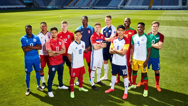 A group of football players from different nations standing together on a pitch, representing the 13 World Cup teams that rejected UEFA President