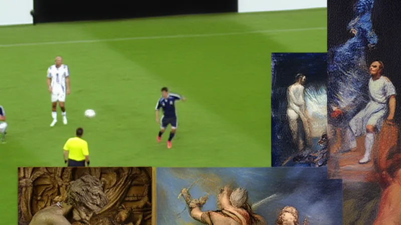 Argentine Art Showcased at FIFA World Cup A vibrant collage of Argentine art pieces, including paintings and sculptures, set against a backdrop of a football stadium during the FIFA World Cup.