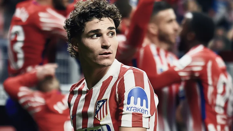 Atletico Madrid players celebrating a goal, with Julian Alvarez in the foreground, as the club rejects a €150m bid from Real Madrid.