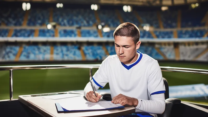 Bailey Rice in Rangers kit, signing a contract at Ibrox stadium