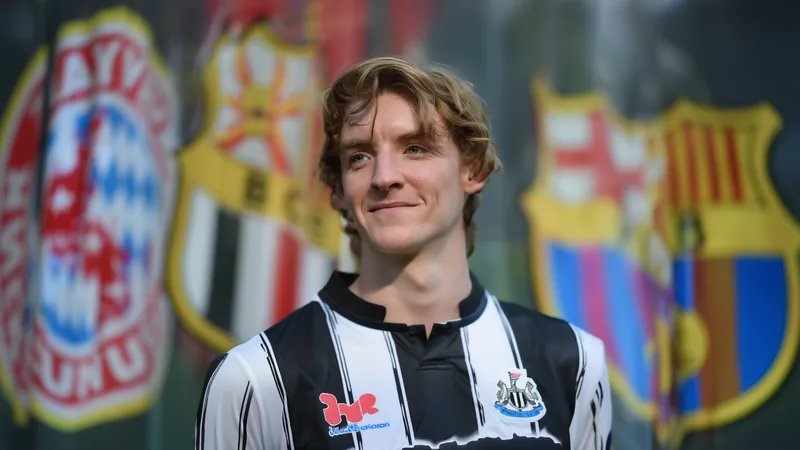 Barcelona bid €80m for Newcastle's Anthony Gordon Anthony Gordon in Newcastle United kit, with Barcelona and Bayern Munich logos in background, transfer speculation. — latest news and analysis.