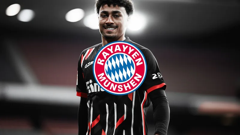 Bayern Munich close to signing Nathaniel Brown from Eintracht Nathaniel Brown in Eintracht Frankfurt kit, smiling, with Bayern Munich logo overlay suggesting transfer. — latest news and analysis.