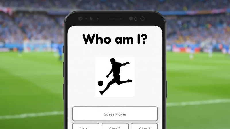 BBC Sport Launches 'Who Am I?' Football Quiz Series A football quiz interface on a smartphone, showing a silhouette of a footballer and a 'Who am I?' title, with clue boxes and a guess input field.