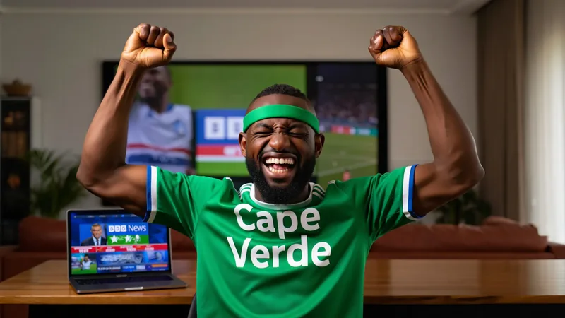A Cape Verde fan celebrating during a live BBC News broadcast after the country scored its first World Cup goal against Uruguay.