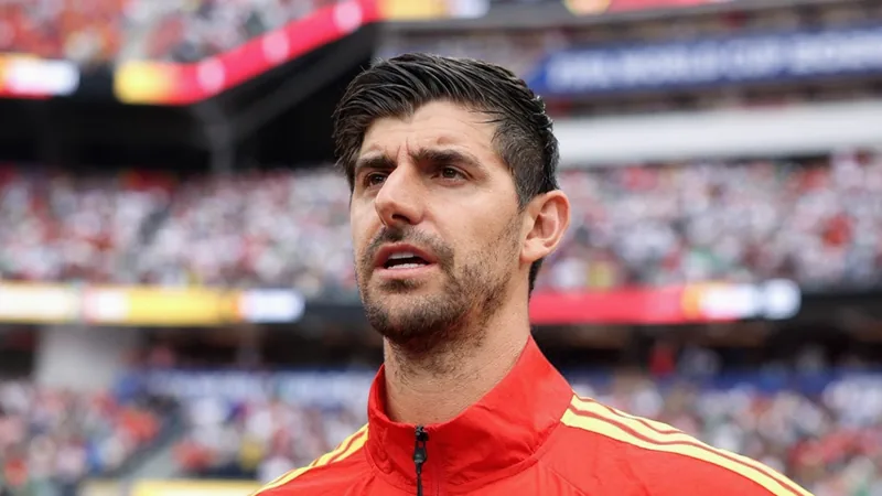 Thibaut Courtois in goal for Belgium during a World Cup match