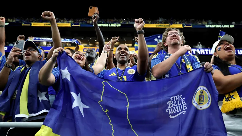 Curaçao's Historic World Cup Qualifying Debut Draws Global Fans Curaçao football fans waving flags and cheering in a stadium during the team's historic first World Cup qualifying match.