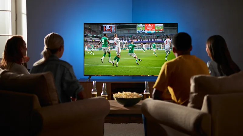 Fans sitting silently while watching a football match on TV