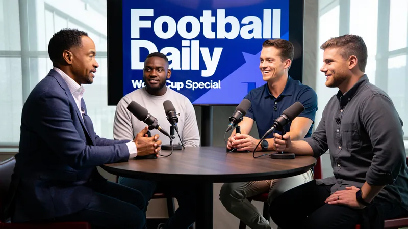 Football Daily podcast hosts Rick Edwards and Lloyd Griffith with guests Charlie Adam and Raphael Honigstein discussing World Cup matches.