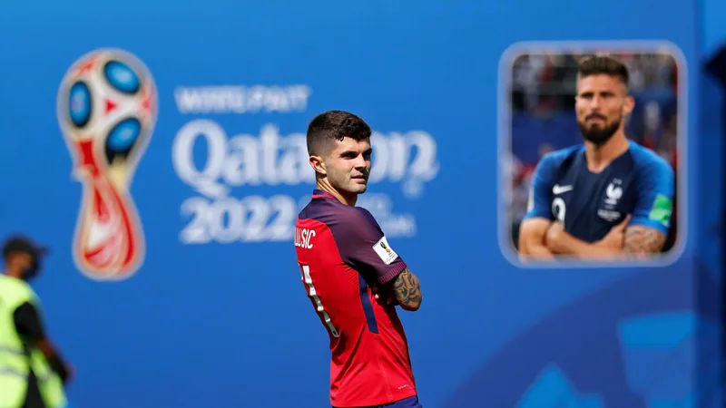 Giroud: Pulisic ready to take USA to next level at World Cup Christian Pulisic in USA jersey, with Olivier Giroud inset, against a World Cup backdrop.
