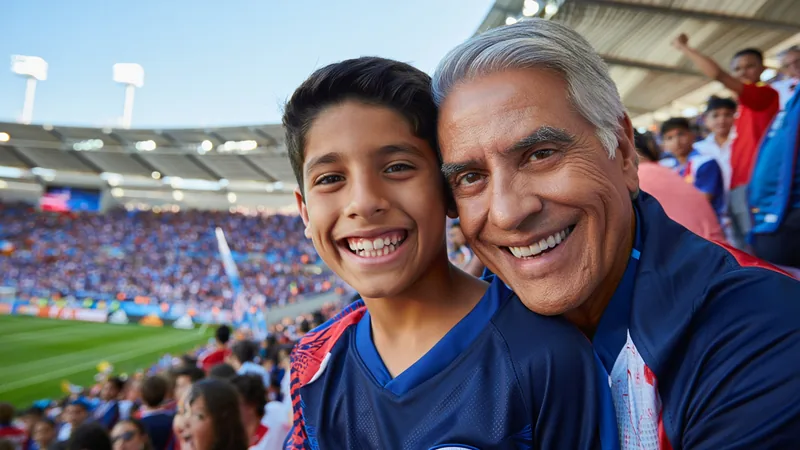 A grandfather and grandson smiling at a football stadium during the 2026 World Cup, surrounded by cheering fans. — latest news and analysis.
