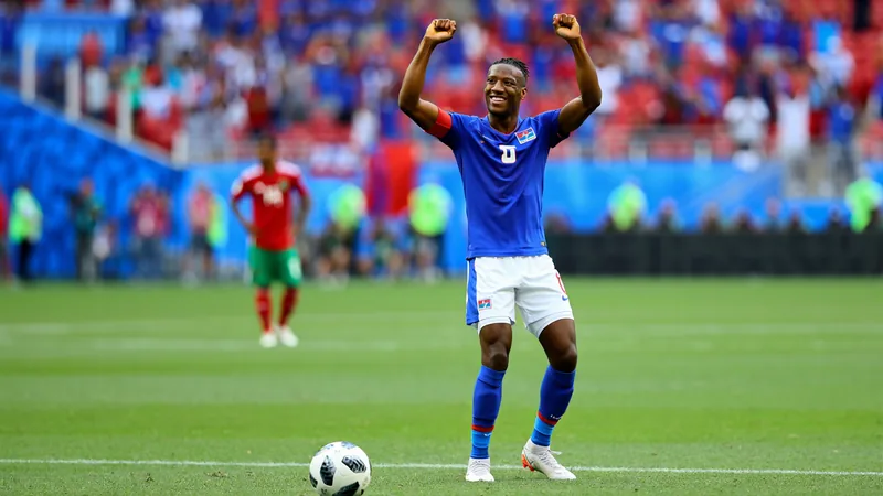 Wilson Isidor celebrates after scoring a goal for Haiti against Morocco at Atlanta Stadium.
