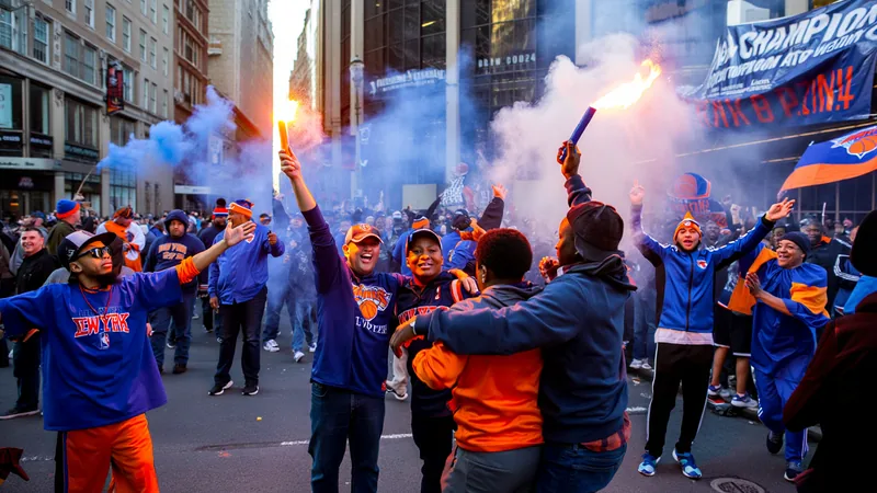 Knicks' NBA title win overshadows World Cup in New York New York Knicks fans celebrating outside Madison Square Garden after winning the NBA championship, with blue and orange flares and banners.