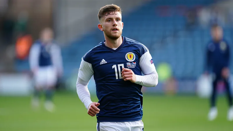 Lawrence Shankland in a Scotland kit, looking determined on the pitch.