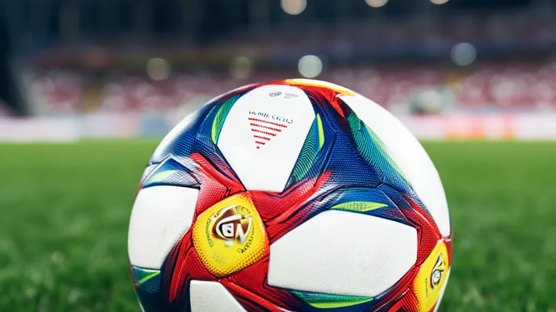 A close-up of a World Cup match ball on a green field, with stadium lights in the background, symbolizing pre-tournament excitement.