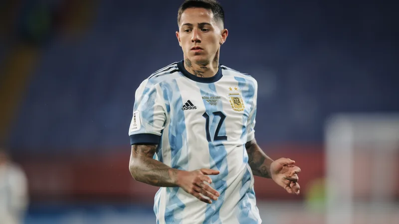 Enzo Fernández in action for Argentina at the World Cup, wearing the national team jersey.