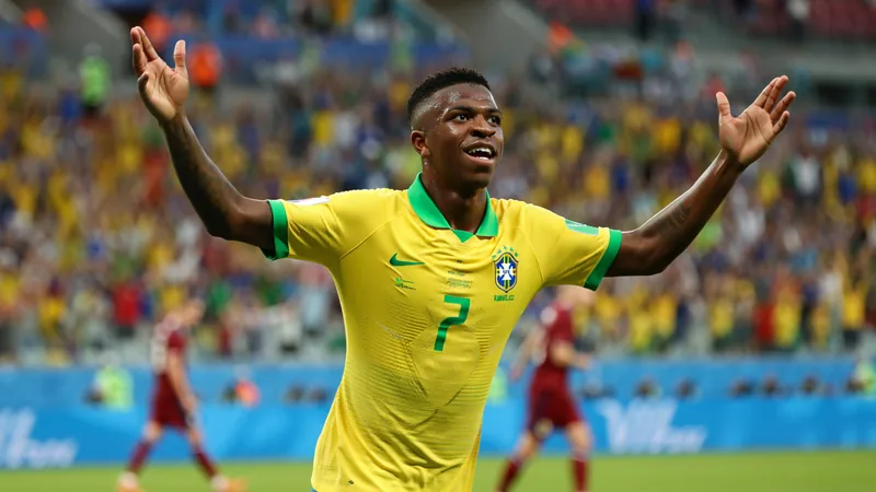 Vinicius Junior celebrates after scoring for Brazil against Scotland in Miami