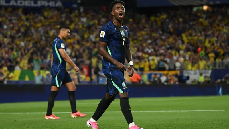 Vinicius Jr. celebrating after scoring for Brazil at the 2026 World Cup