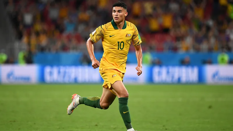 Australia's Jordan Bos in action during the 2026 World Cup match against Turkey, showcasing his speed as the tournament's fastest player.