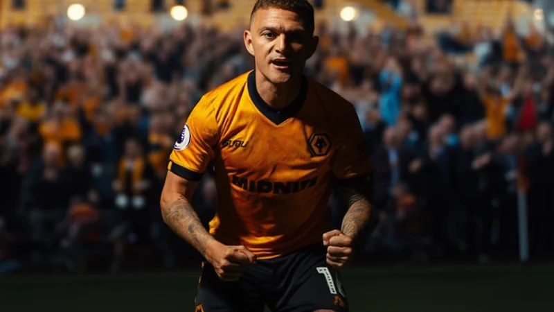 Raúl Jiménez in a Wolves kit, celebrating a goal, with the Molineux stadium in the background. — latest news and analysis.