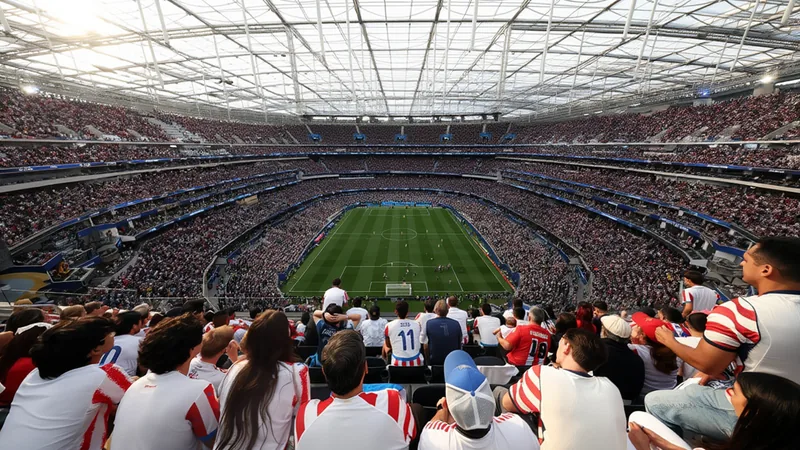 World Cup 2026 Stadiums and Fans in Pictures Fans celebrating with flags and jerseys in front of a large World Cup 2026 stadium, with the tournament logo visible. — latest news and analysis.