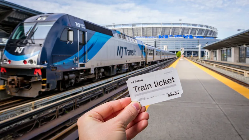 Train at a station with MetLife Stadium in the background, with a ticket showing $98 fare.