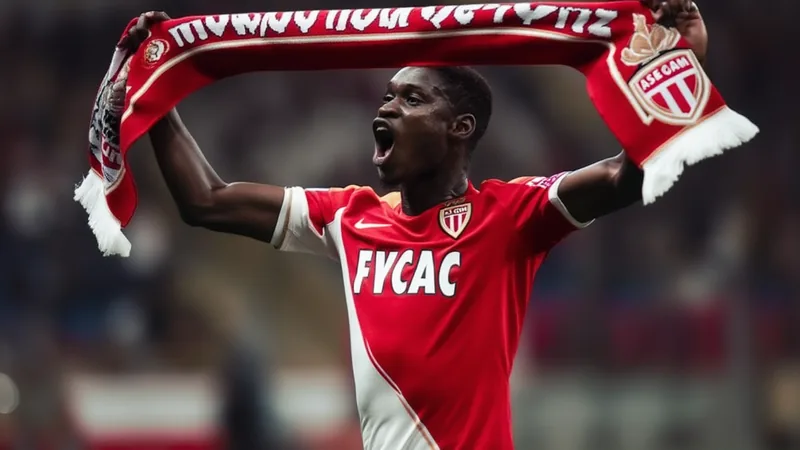 Sadibou Sané in AS Monaco kit holding scarf above head
