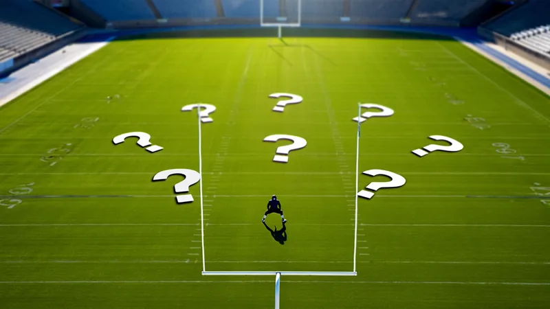 A football field with a silhouette of a player and question marks, representing the guessing game. — latest news and analysis.