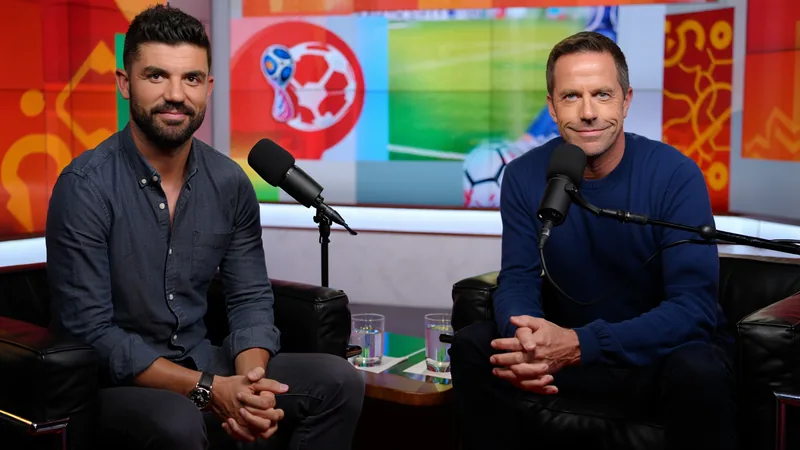 David Villa on Spain's World Cup Chances and Playing with Messi David Villa in conversation with Rick Edwards on the Football Daily podcast set, with World Cup graphics in the background.