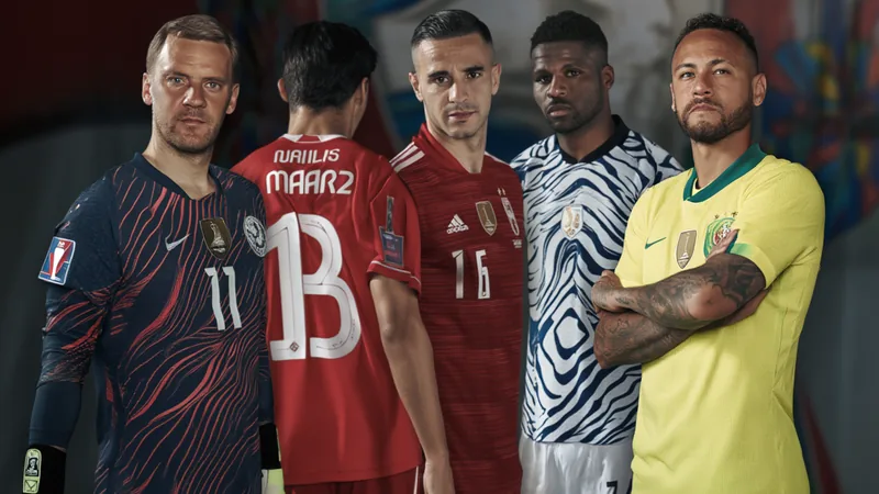 Five Stars Retire from International Football After 2026 World Cup Collage of Manuel Neuer, Neymar, Riyad Mahrez, Guillermo Ochoa, and Patrik Schick in their national team kits, with a FIFA World Cup 2026 background.