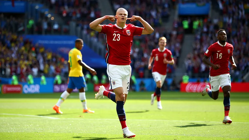Haaland double sends Norway into World Cup quarter-finals Erling Haaland celebrates after scoring for Norway in a World Cup match against Brazil.