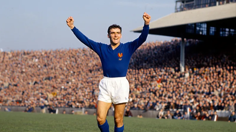Just Fontaine in a France jersey, celebrating a goal during the 1958 World Cup, with a vintage football stadium in the background.