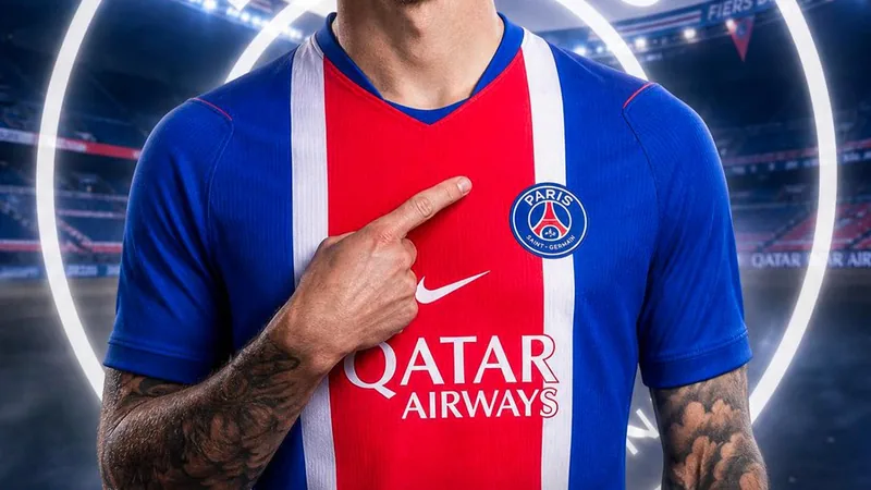 Lucas Digne in Aston Villa kit, with PSG and France flags in background