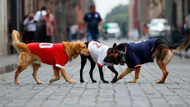 Mexico's four-legged football fans hit streets before England match Dogs wearing football jerseys walk through Mexico City streets before England match
