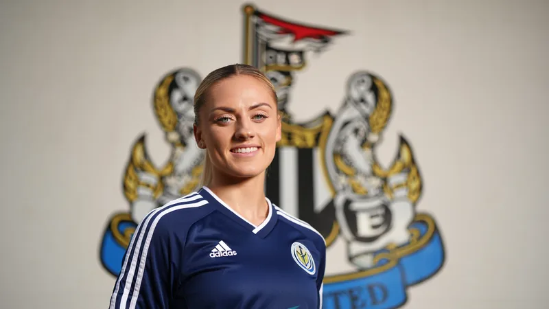 Newcastle sign Scotland forward Martha Thomas from Tottenham Martha Thomas in Scotland kit, smiling, with Newcastle United badge in background