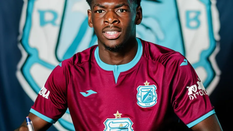 René Mitongo in Trabzonspor kit, signing contract, with club logo in background