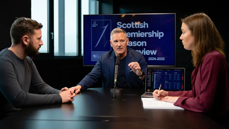 Football pundits discussing Scottish Premiership season preview around a studio table.