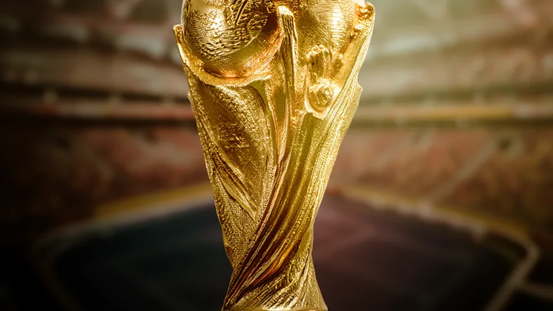 Two More Teams Join World Cup Quarterfinals FIFA World Cup trophy with stadium background, symbolizing the quarterfinal stage.