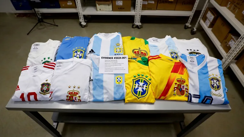 UK police seize £18m counterfeit football kits during World Cup A pile of seized counterfeit football shirts with logos of national teams and star players, displayed on a table in a police evidence room.