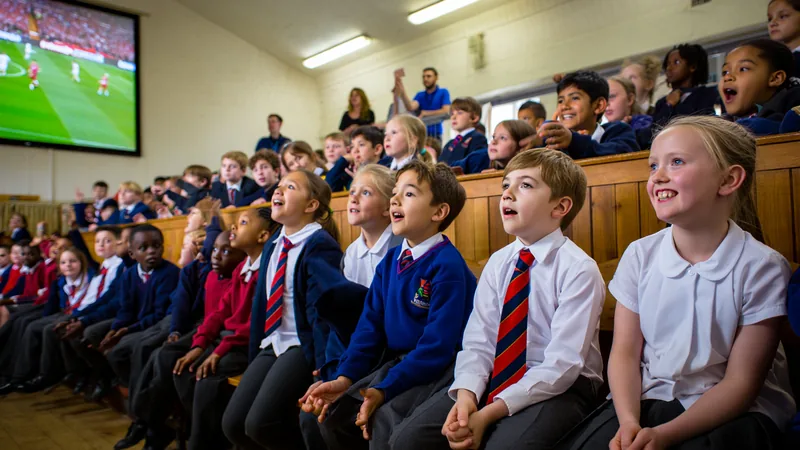 Wirral pupils watch England World Cup match at school Schoolchildren watching a football match on a large screen in a school assembly hall