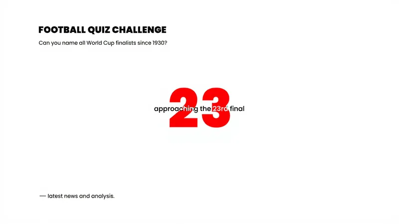 A football quiz challenge asking readers to name all World Cup finalists since 1930, with the 23rd final approaching. — latest news and analysis.