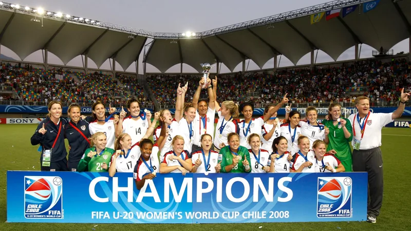 Christine Sinclair of Canada celebrates a goal at the 2002 FIFA U-20 Women's World Cup.