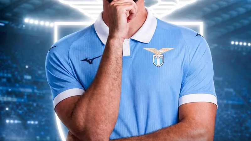 Josip Šutalo in action during a match, with Lazio and Ajax colors in the background.