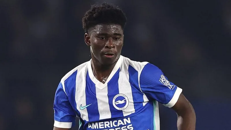 Carlos Baleba in Brighton & Hove Albion kit during a Premier League match.