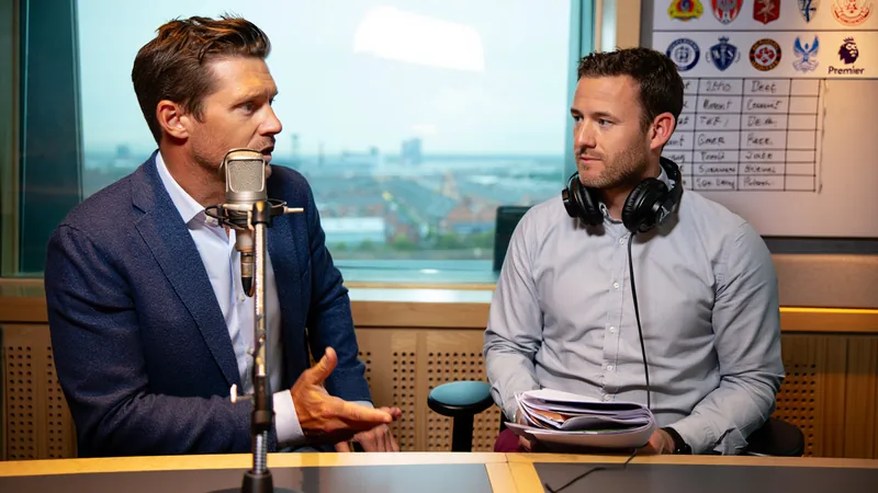 Football pundits discussing Premier League topics in a radio studio, with microphones and headphones. — latest news and analysis.