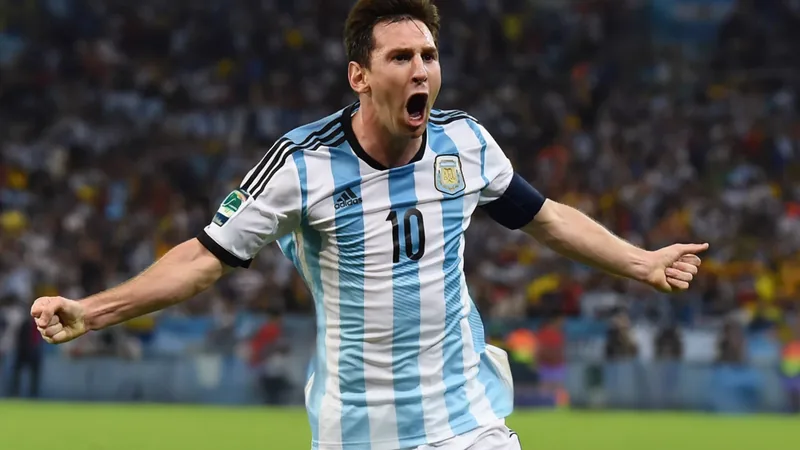 Most World Cup Goals From Outside the Box Lionel Messi celebrating a goal from outside the penalty area during a World Cup match, with the stadium crowd in the background.