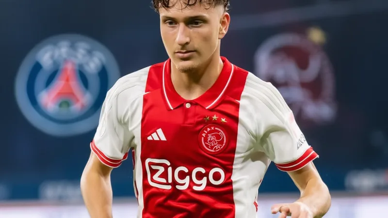 PSG and Ajax Negotiate Mika Godts Transfer Mika Godts in action during a football match, with PSG and Ajax logos in the background.