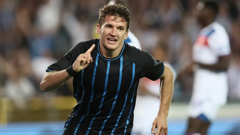 Christos Tzolis im Trikot von Club Brügge beim Dribbling gegen einen Gegenspieler im Stadion — latest news and analysis.
