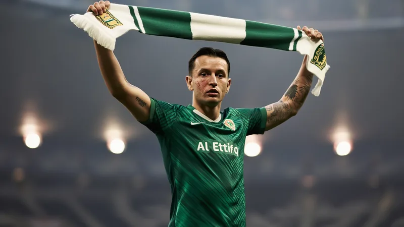 Bersant Celina im kosovarischen Nationaltrikot bei einem Länderspiel, mit dem Al-Ettifaq-Logo im Hintergrund — latest news and analysis.