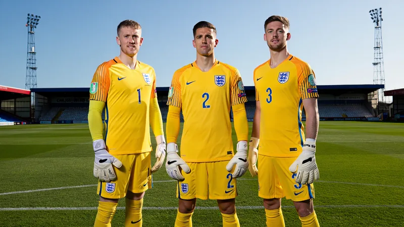 Carlisle United: Die Torwartschmiede Englands — Football World Cup Drei Torhüter in England-Trikots nebeneinander: Jordan Pickford, Dean Henderson und James Trafford vor dem Carlisle United Stadion Brunton Park.