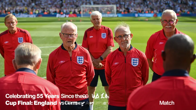 Englands Ü-75-Kapitän freut sich auf Duell gegen Deutschland Ältere Männer in englischen und deutschen Fußballtrikots schütteln sich vor einem Stadion die Hände, im Hintergrund eine Nachbildung des WM-Pokals